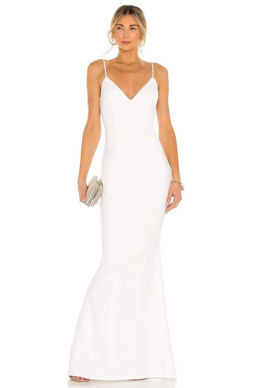 NWOT Katie May Ivory White Crepe Bambina Open Back V-Neck Mermaid Gown XL